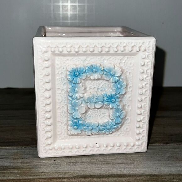 Vintage Relpo 112 Large Baby Block ABC Planter Raised Embossed Floral Pink Blue - Picture 5 of 9